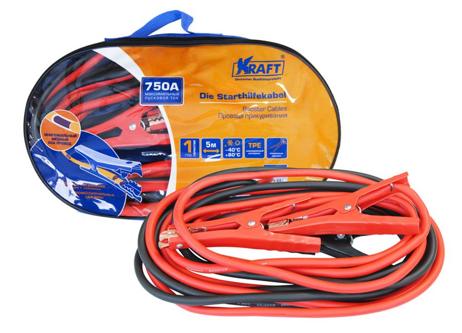 Провода прикуривания (старт) АКБ 750А (5 м) "KRAFT" в сумке
