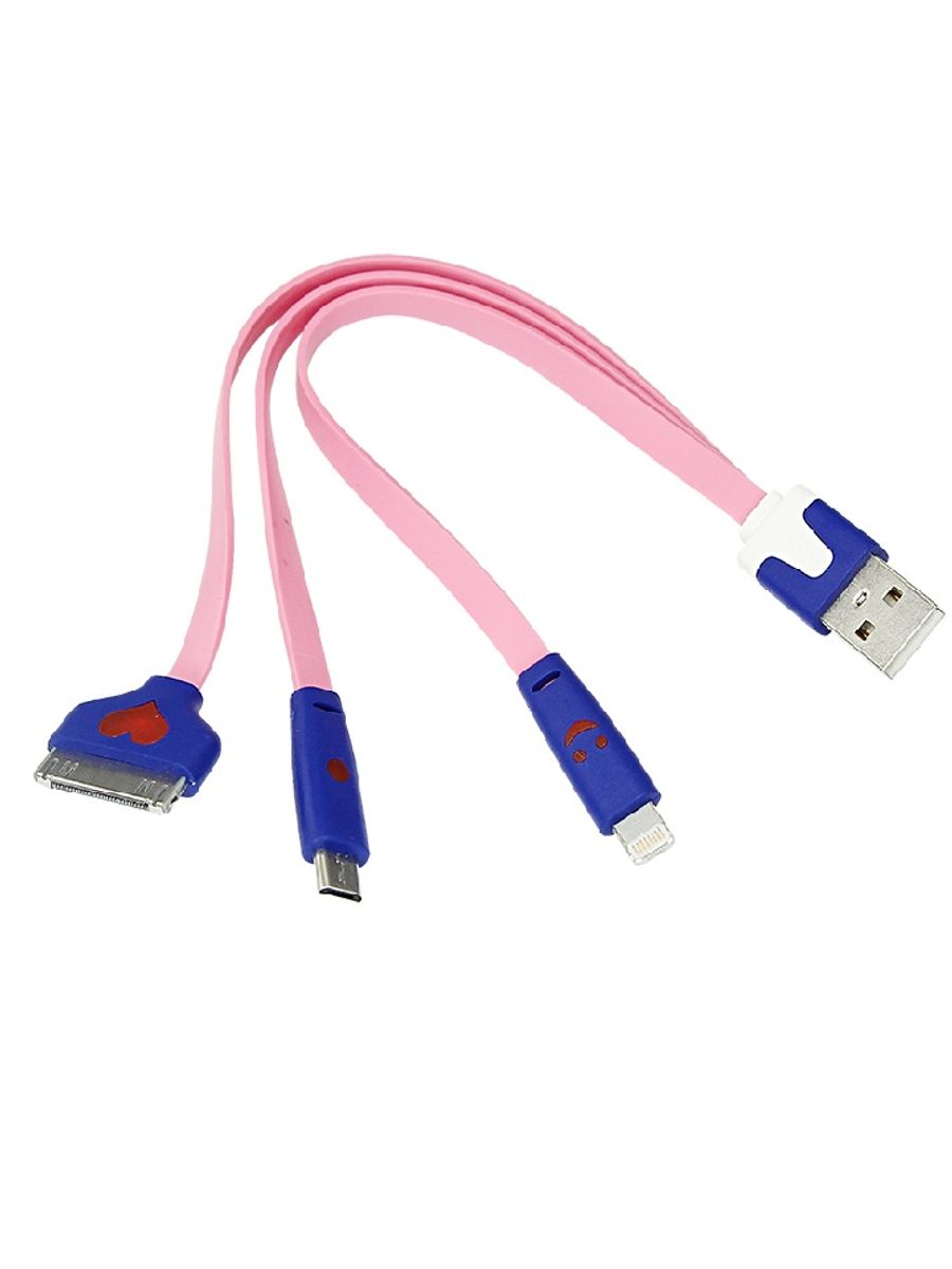 Кабель USB 3 в 1  для IPhone 5/4/microUSB, светящиеся разъемы, розовый